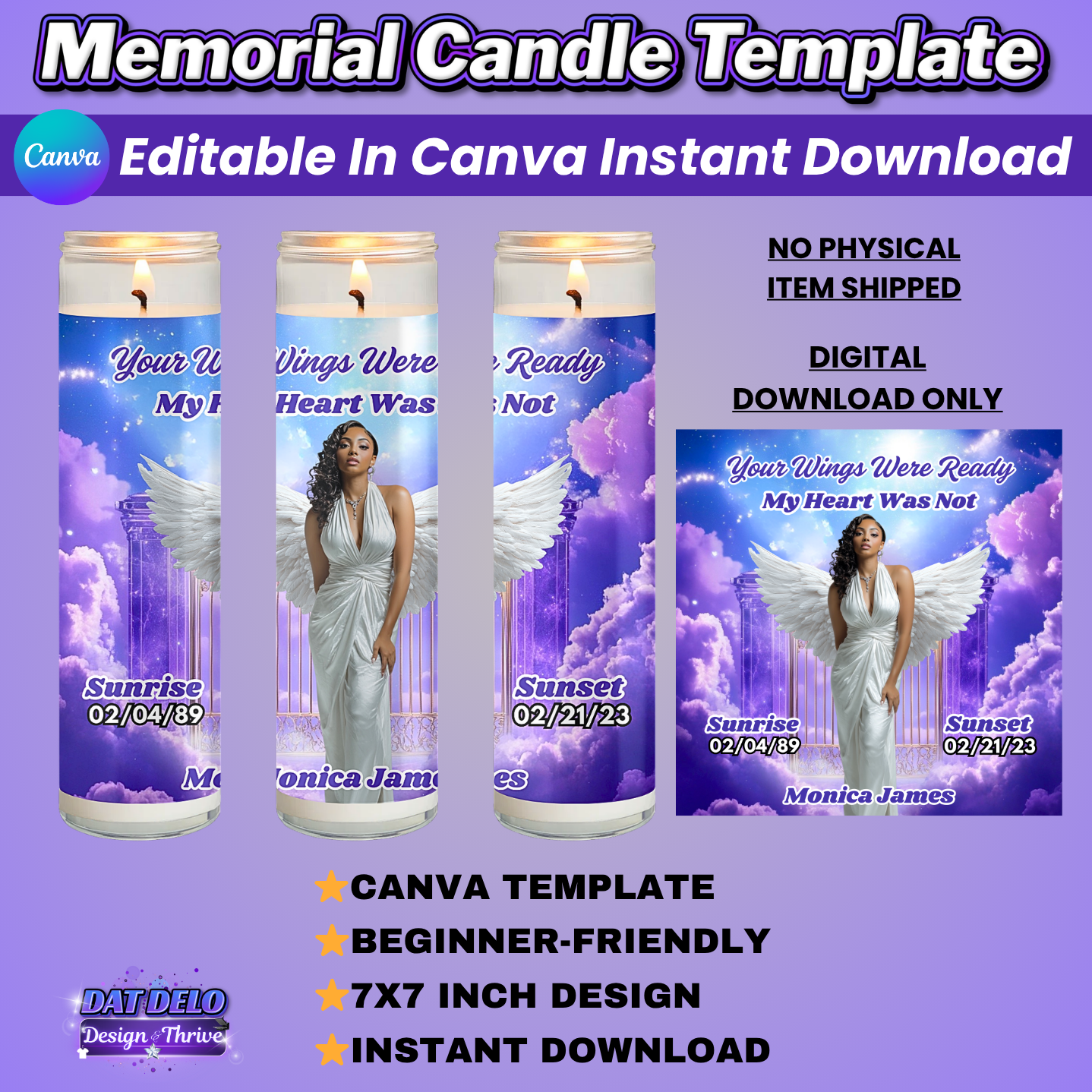 Purple Memorial Candle Template, Editable Canva Funeral Candle Design, Pre-Sized Template