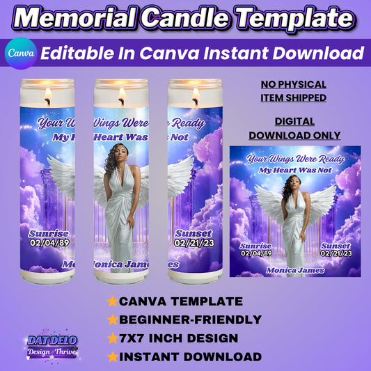Purple Memorial Candle Template, Editable Canva Funeral Candle Design, Pre-Sized Template