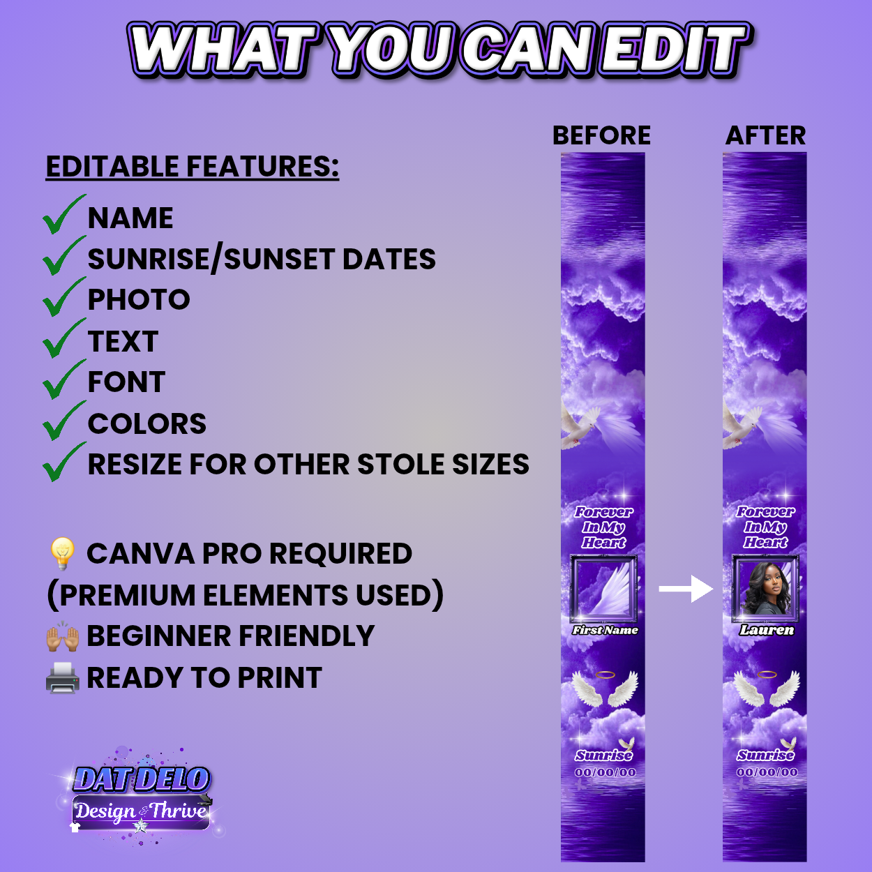 Purple Memorial Stole Design Editable Template (Includes Supply List)