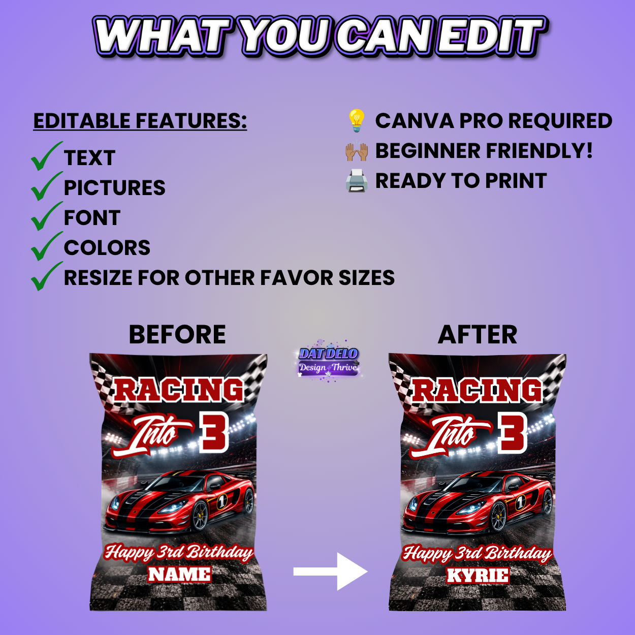 Race Car Birthday Party Favors Editable Designs, 6 Pre-Sized Templates (CanvaPro)