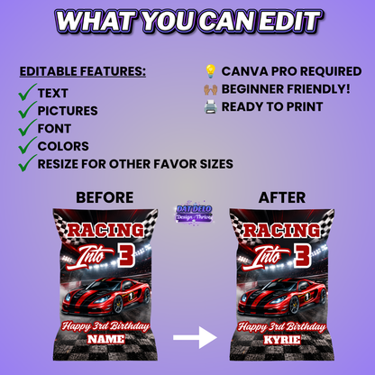 Race Car Birthday Party Favors Editable Designs, 6 Pre-Sized Templates (CanvaPro)
