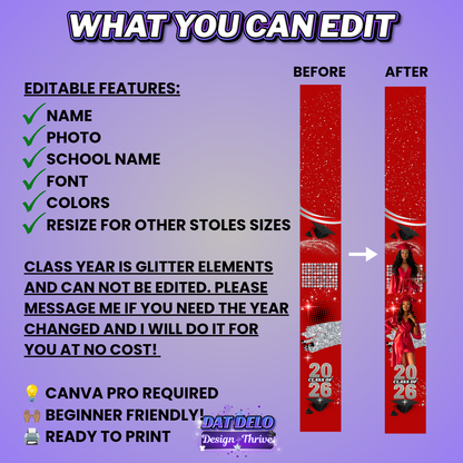 Red Grad Stole Design Editable Template (Includes Supply List)