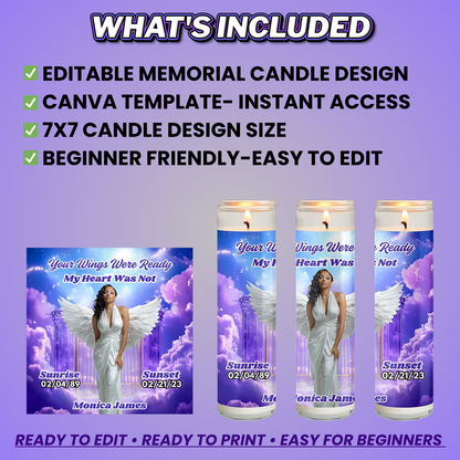 Purple Memorial Candle Template, Editable Canva Funeral Candle Design, Pre-Sized Template