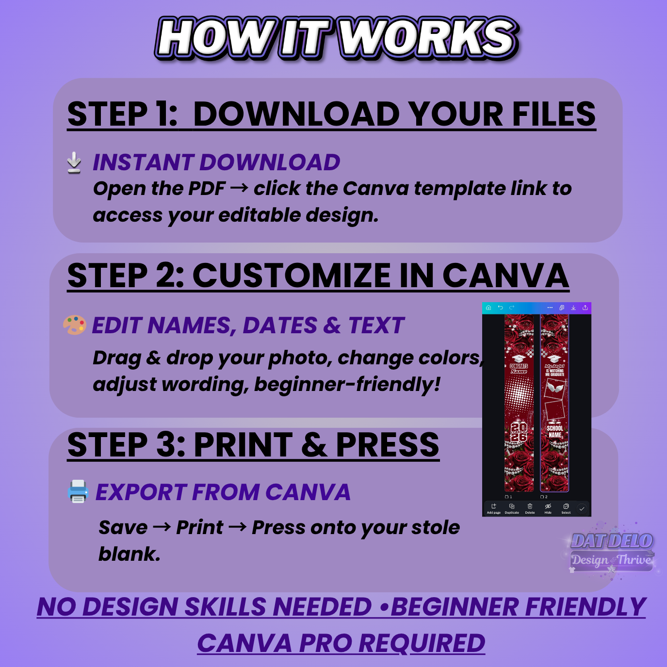Diamond Rose Grad Stole Design Editable Template (Includes Supply List)