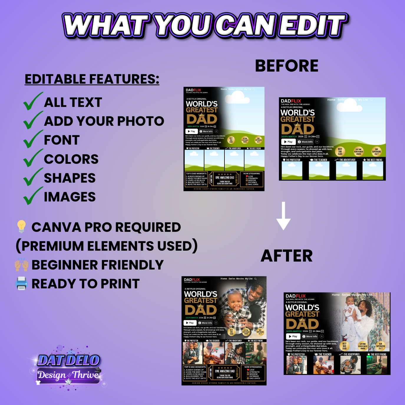 Dadflix Design Editable Canva Pro Templates, 2 Pre-Sized Templates