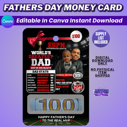 Fathers Day Money Card Design Editable Canva Pro Templates