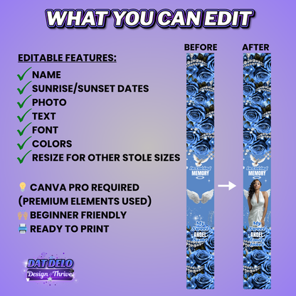 Blue Rose Memorial Stole Design Editable Template (Includes Supply List)