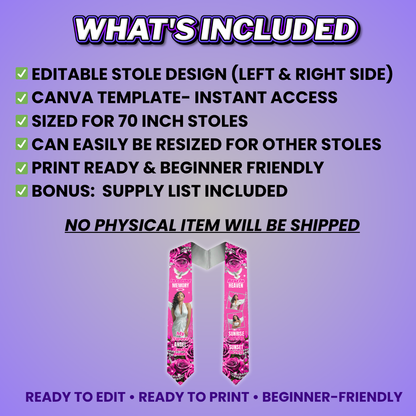 Pink Rose Memorial Stole Design Editable Template (Includes Supply List)