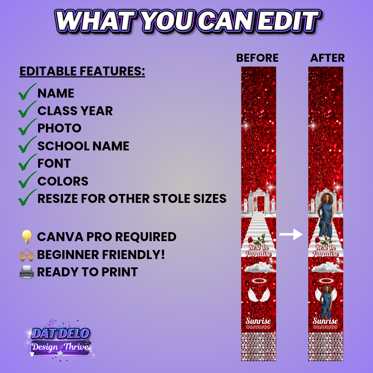 Red Editable Memorial Stole Design & Supply List (CanvaPro)