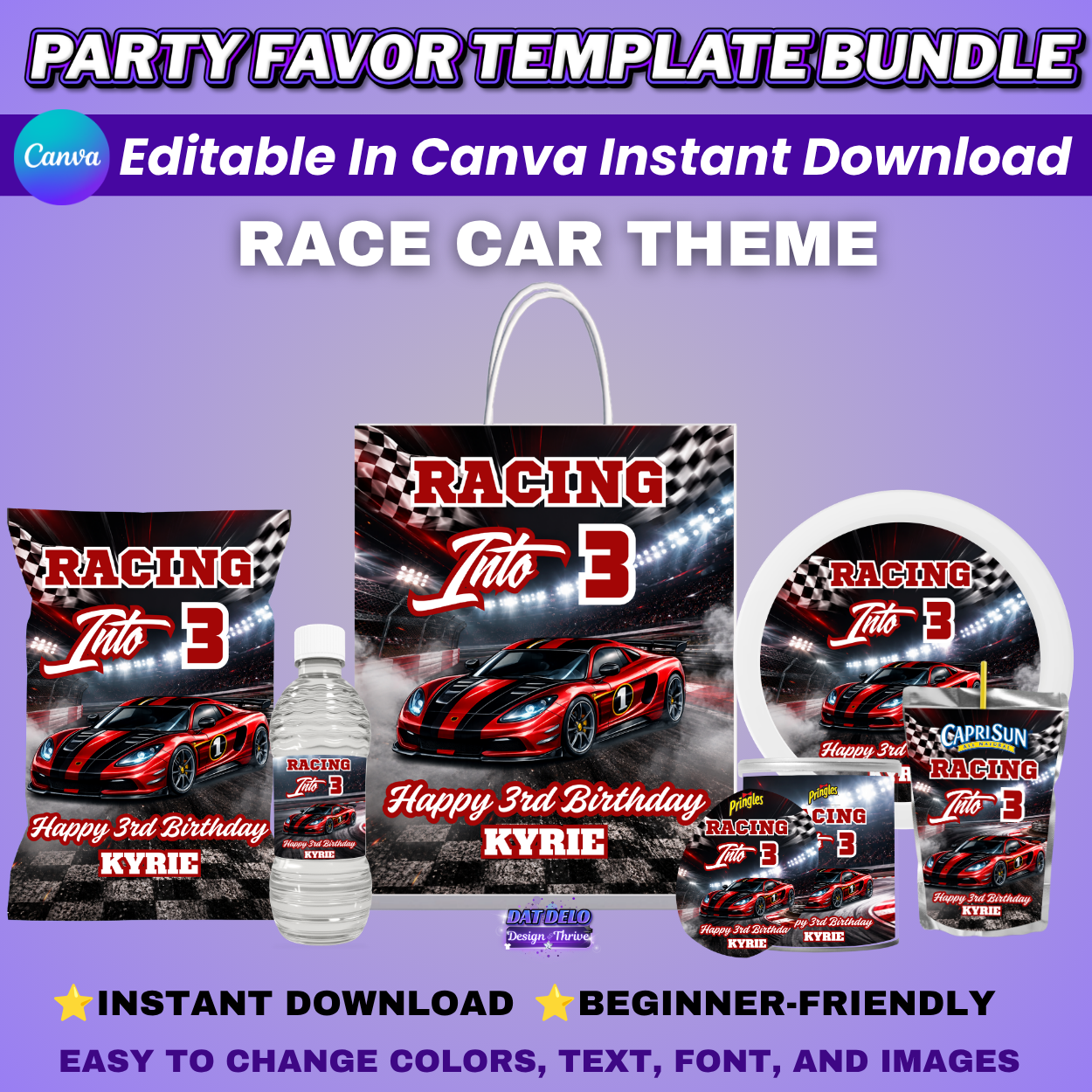 Race Car Birthday Party Favors Editable Designs, 6 Pre-Sized Templates (CanvaPro)