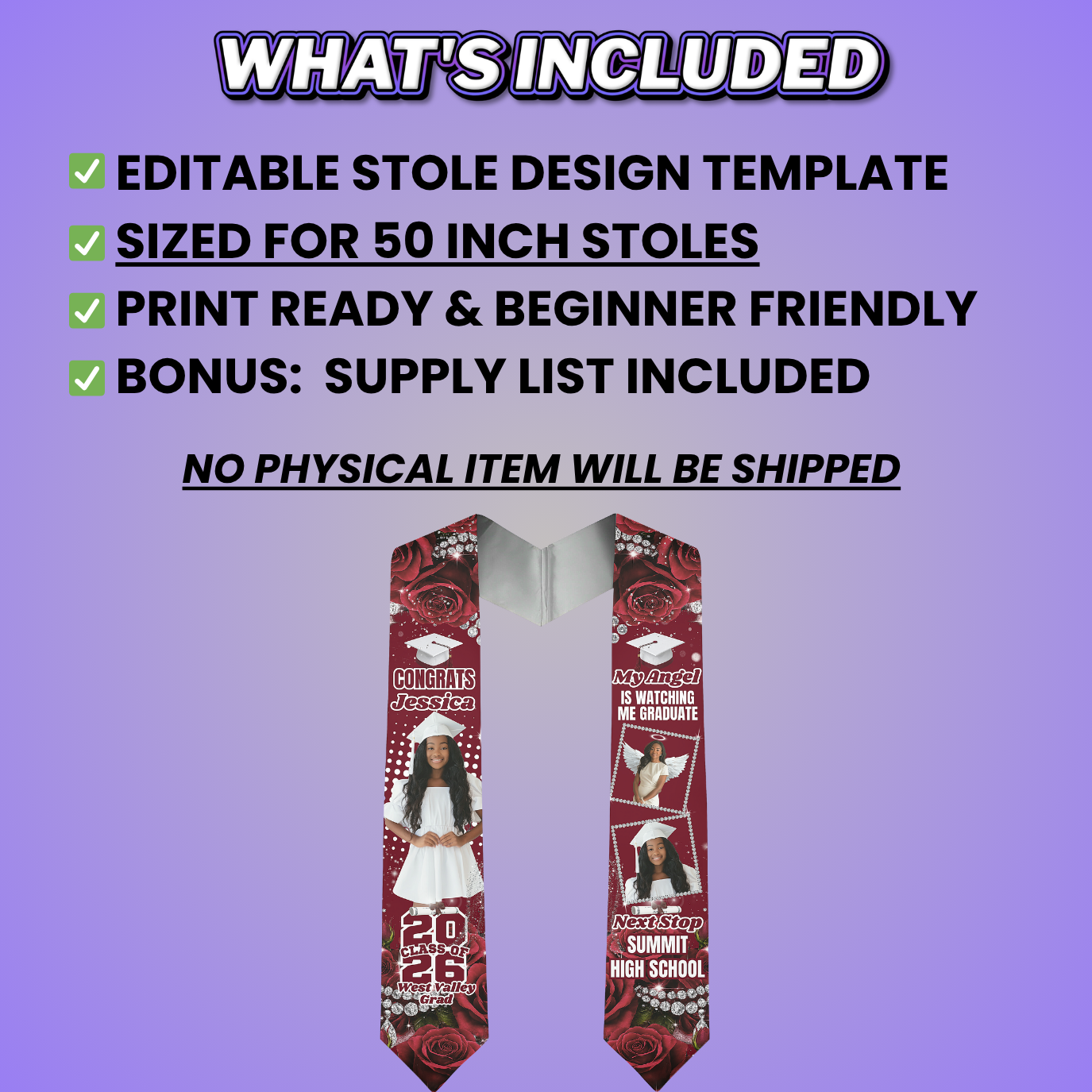 Kids 50 Inch Floral Grad Stole Design Editable Template (Includes Supply List)
