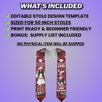 Kids 50 Inch Floral Grad Stole Design Editable Template (Includes Supply List)
