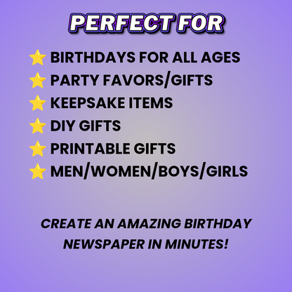 Birthday Newspaper Design Editable Canva Pro Templates, 2 Pre-Sized Templates, 4 Pages Included