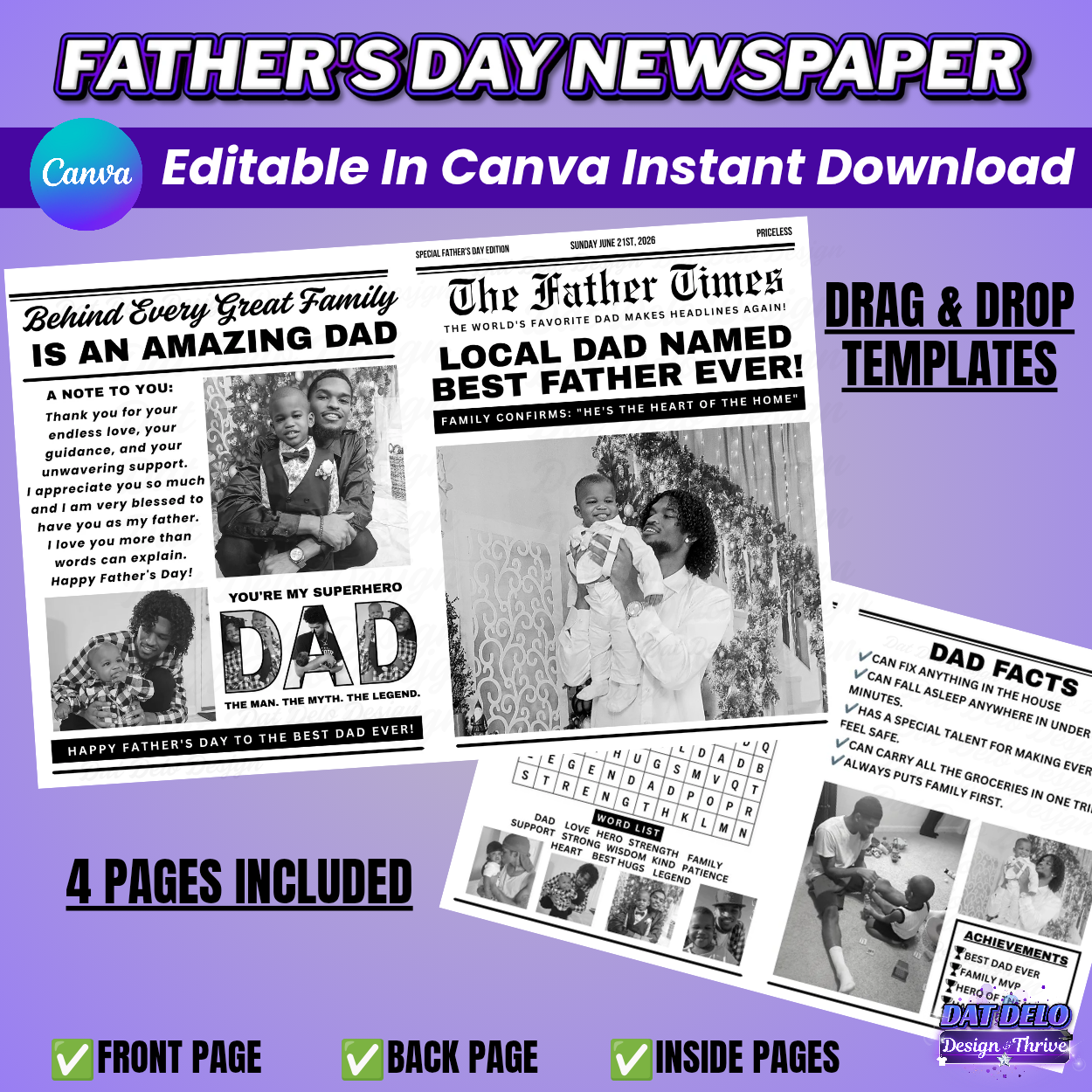 Father's Day Newspaper Design Editable Canva Pro Templates, 2 Pre-Sized Templates, 4 Pages Included