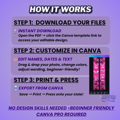 Pink Rose Memorial Stole Design Editable Template (Includes Supply List)