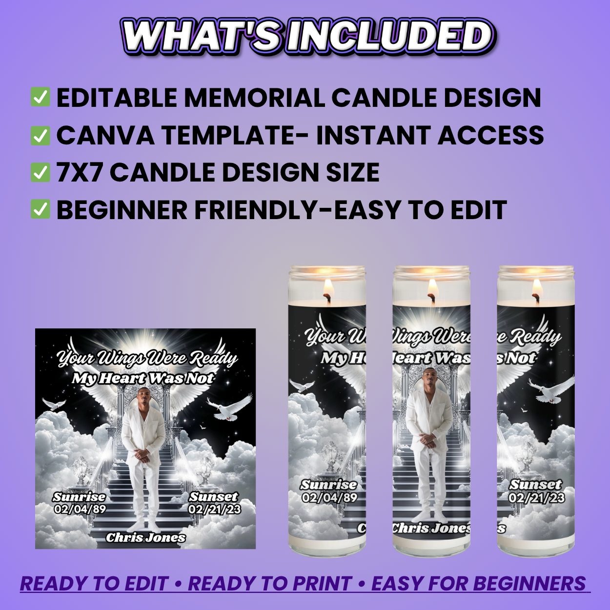 Black Memorial Candle Template, Editable Canva Funeral Candle Design, Pre-Sized Template