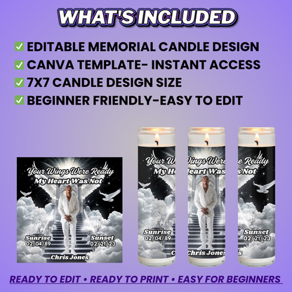 Black Memorial Candle Template, Editable Canva Funeral Candle Design, Pre-Sized Template