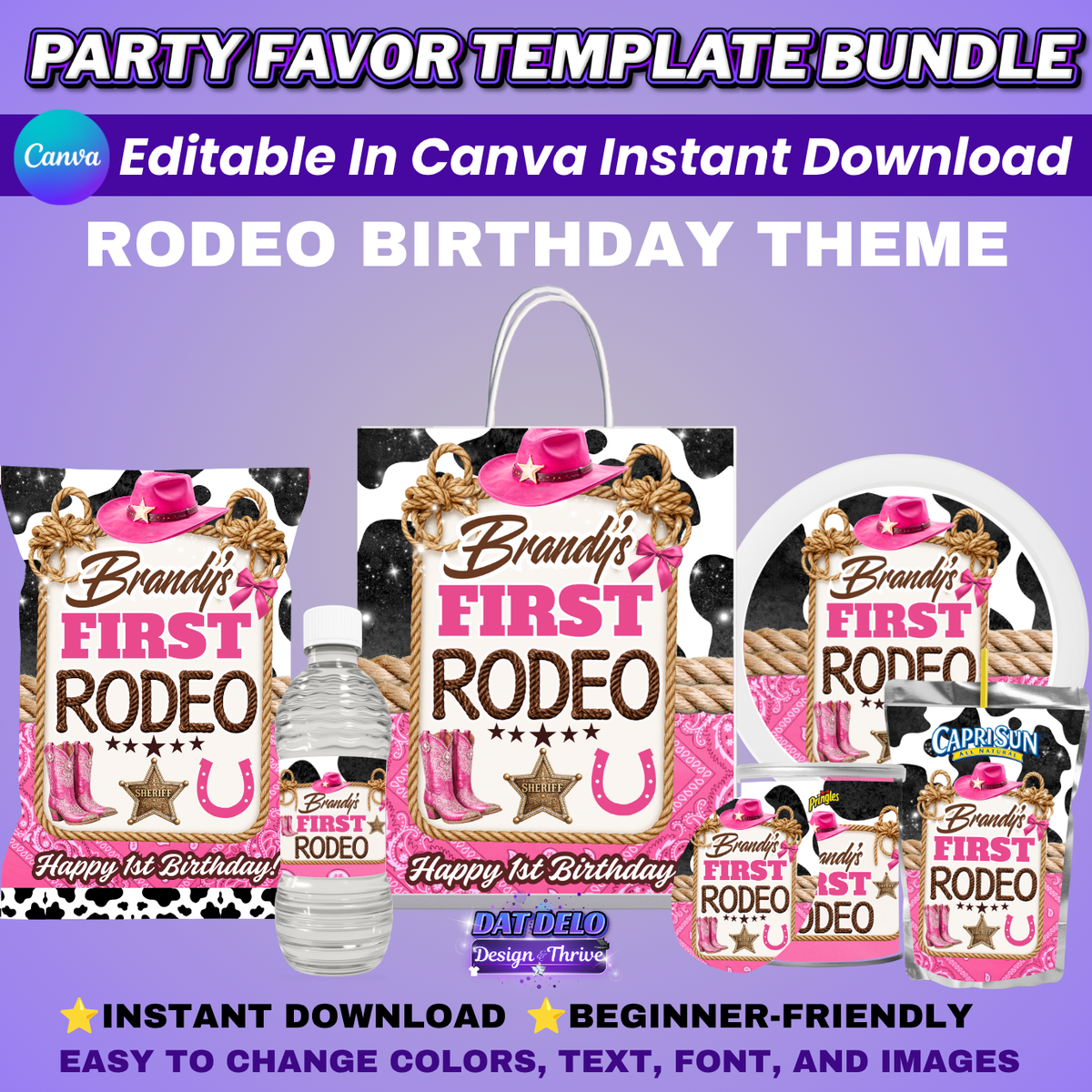 Rodeo Birthday Party Favors Editable Designs, 6 Pre-Sized Templates (CanvaPro)