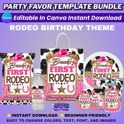 Rodeo Birthday Party Favors Editable Designs, 6 Pre-Sized Templates (CanvaPro)