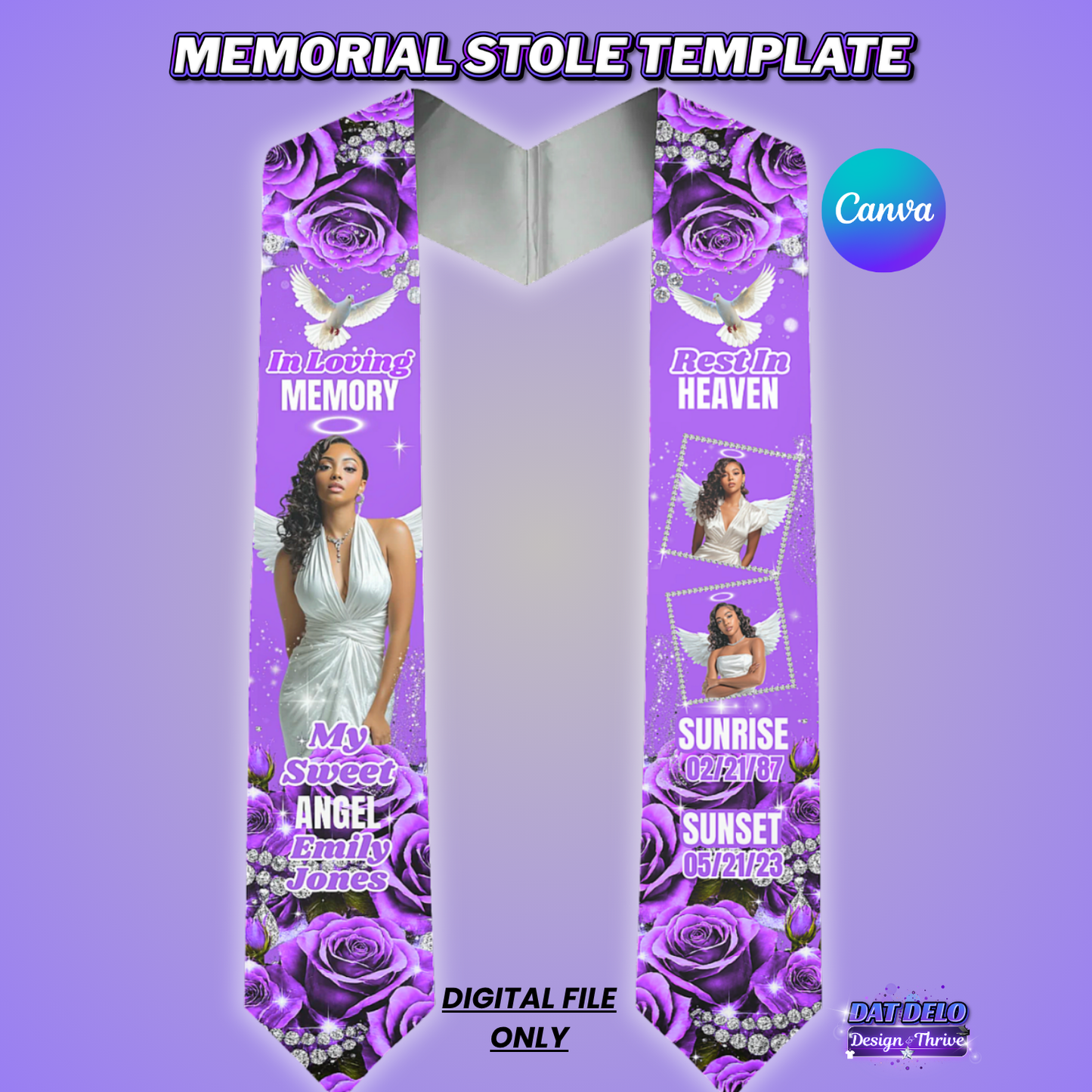 Purple Rose Memorial Stole Design Editable Template (Includes Supply List)