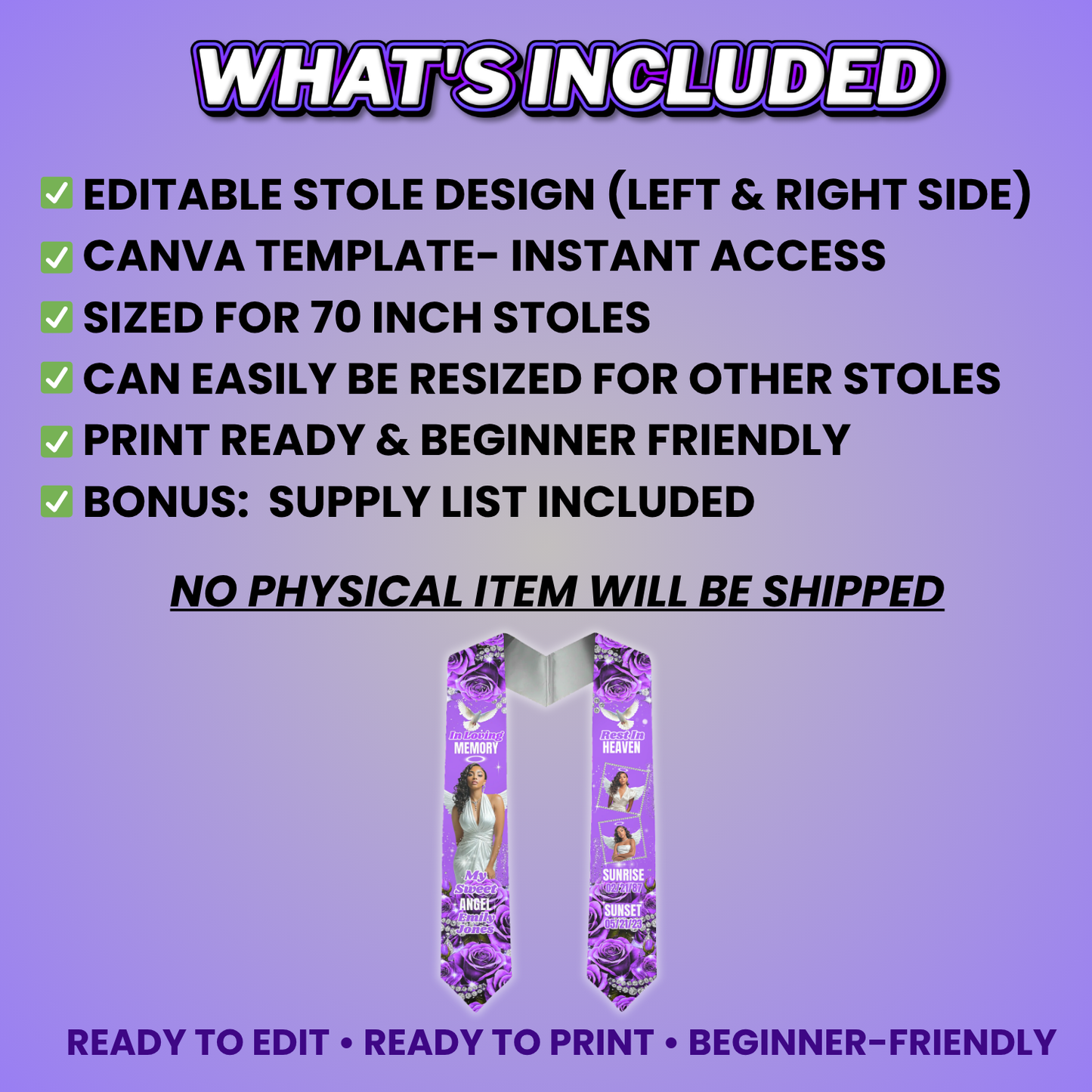 Purple Rose Memorial Stole Design Editable Template (Includes Supply List)