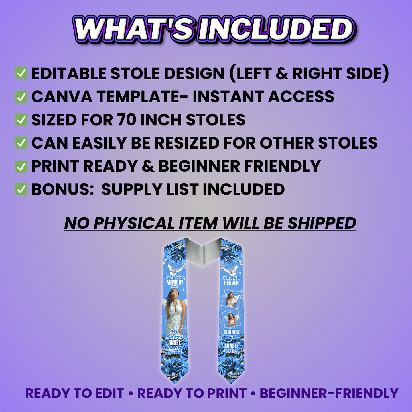 Blue Rose Memorial Stole Design Editable Template (Includes Supply List)