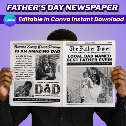 Father's Day Newspaper Design Editable Canva Pro Templates, 2 Pre-Sized Templates, 4 Pages Included