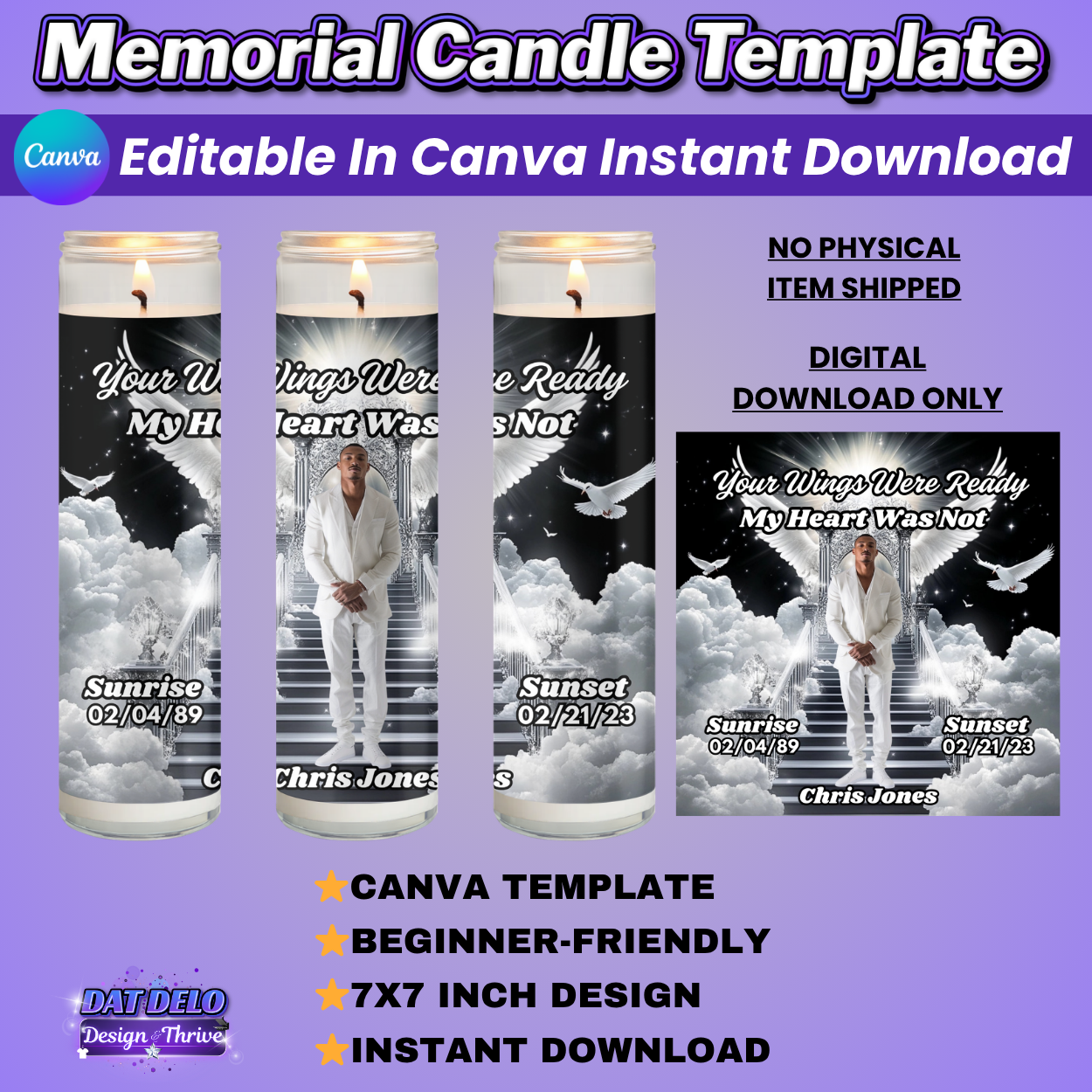 Black Memorial Candle Template, Editable Canva Funeral Candle Design, Pre-Sized Template