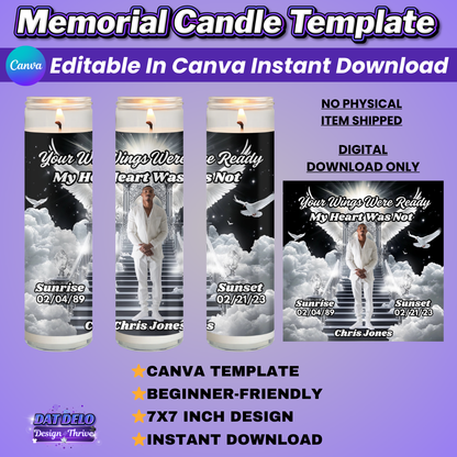 Black Memorial Candle Template, Editable Canva Funeral Candle Design, Pre-Sized Template