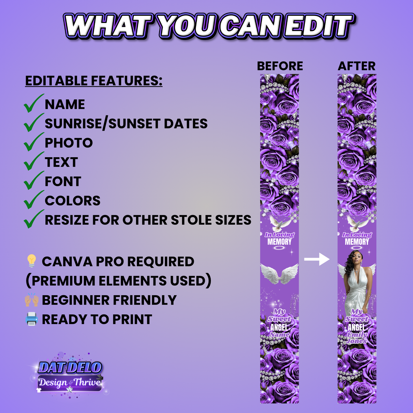 Purple Rose Memorial Stole Design Editable Template (Includes Supply List)