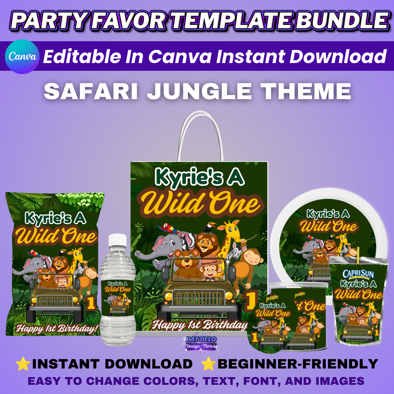 Safari Birthday Party Favors Editable Designs, 6 Pre-Sized Templates (CanvaPro)
