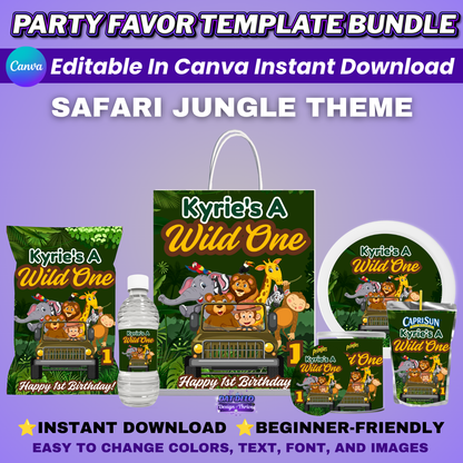 Safari Birthday Party Favors Editable Designs, 6 Pre-Sized Templates (CanvaPro)