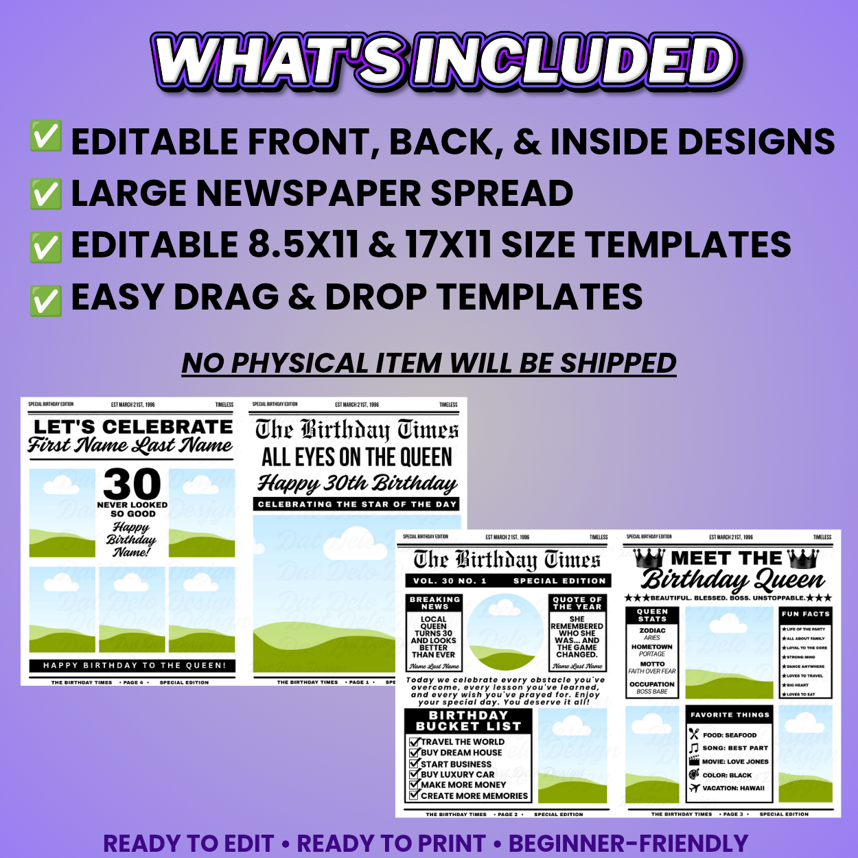 Birthday Newspaper Design Editable Canva Pro Templates, 2 Pre-Sized Templates, 4 Pages Included