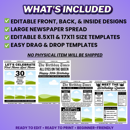Birthday Newspaper Design Editable Canva Pro Templates, 2 Pre-Sized Templates, 4 Pages Included