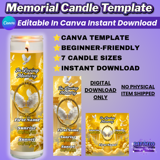 Yellow Memorial Candle Template, Editable Canva Funeral Candle Design, 7 Pre-Sized Templates