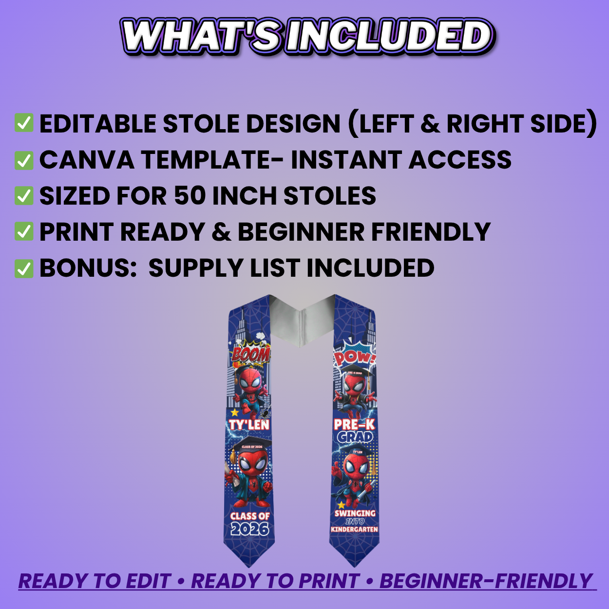Superhero Grad Stole Design Editable Template (Includes Supply List)
