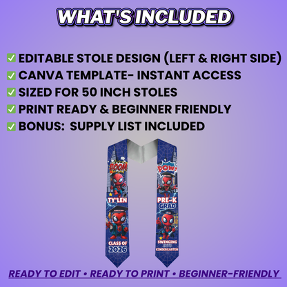 Superhero Grad Stole Design Editable Template (Includes Supply List)