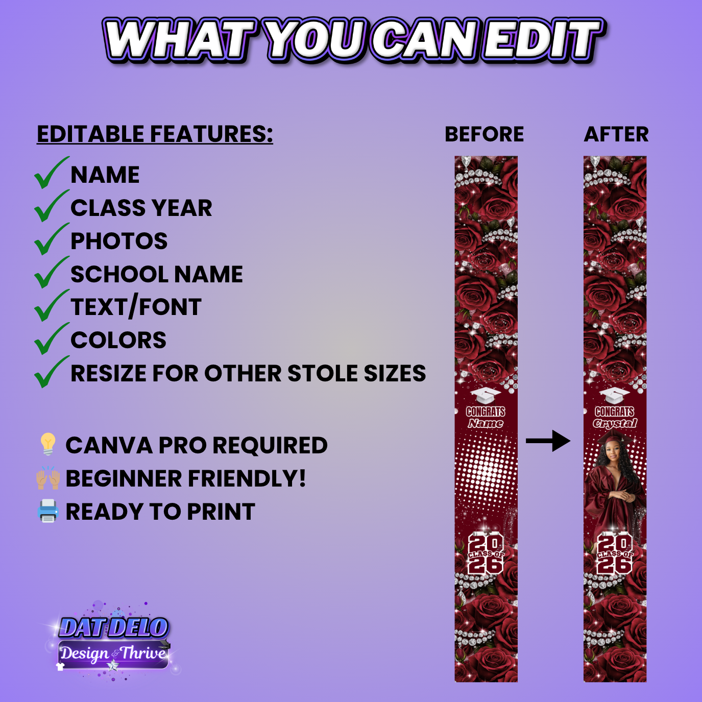 Diamond Rose Grad Stole Design Editable Template (Includes Supply List)