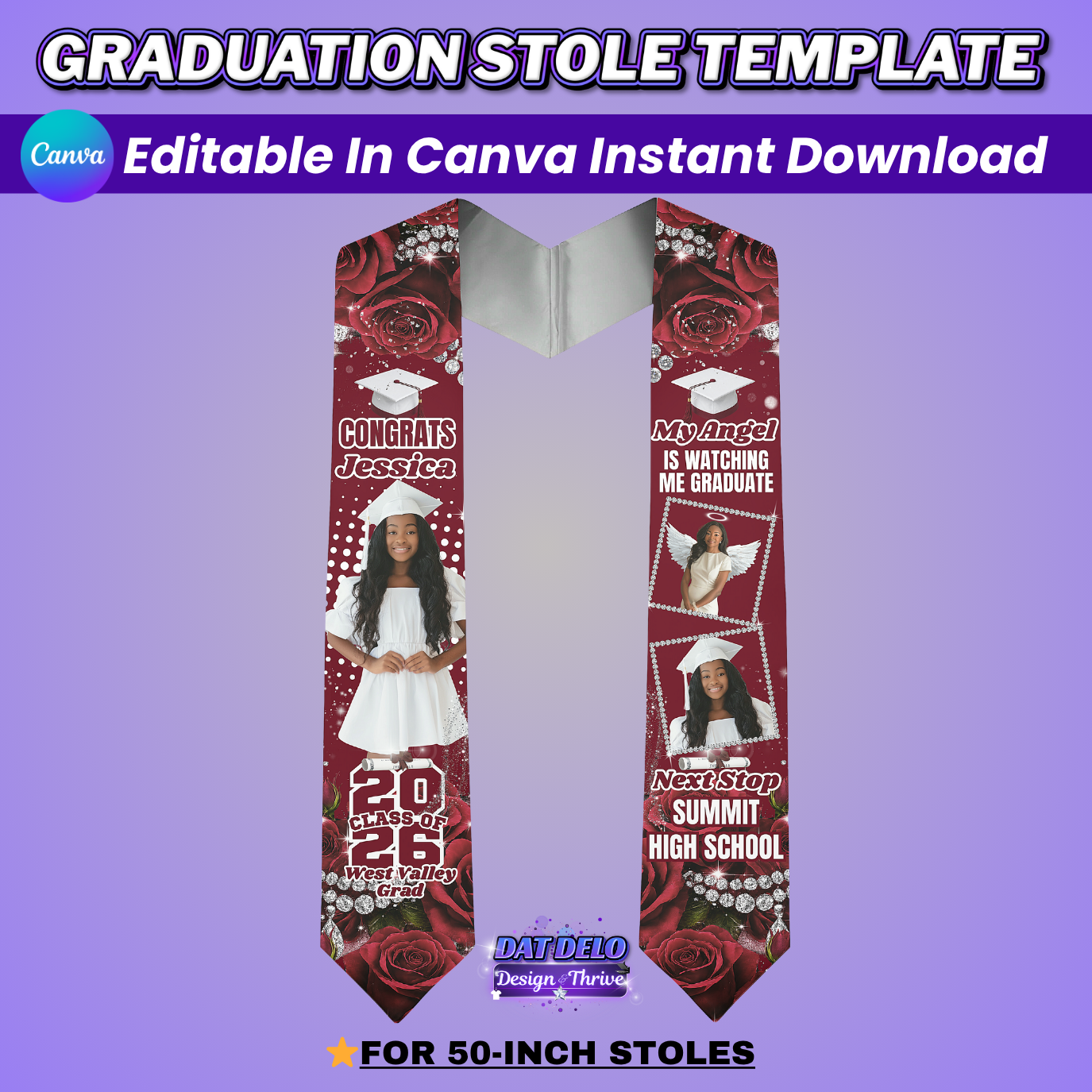Kids 50 Inch Floral Grad Stole Design Editable Template (Includes Supply List)