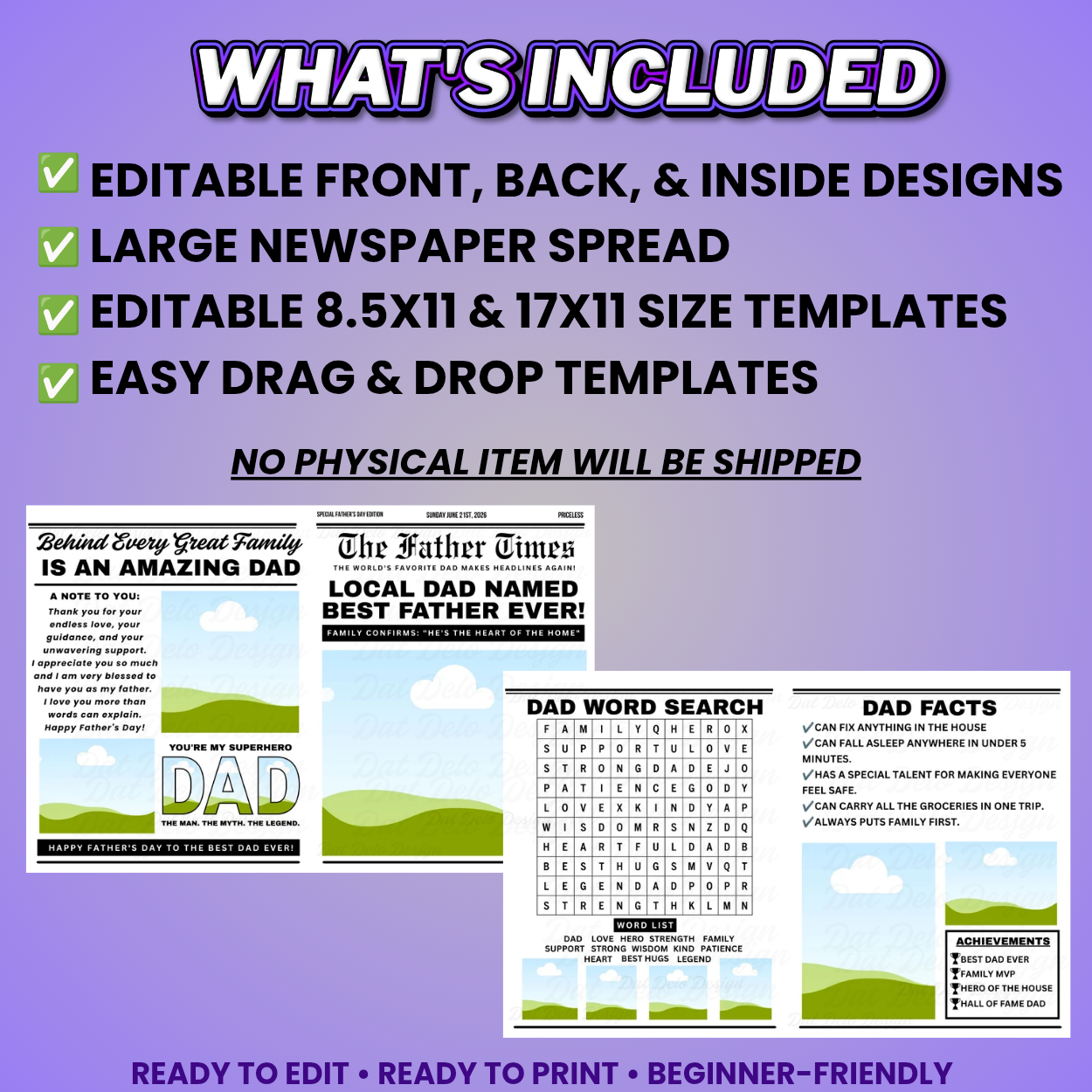 Father's Day Newspaper Design Editable Canva Pro Templates, 2 Pre-Sized Templates, 4 Pages Included