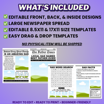 Father's Day Newspaper Design Editable Canva Pro Templates, 2 Pre-Sized Templates, 4 Pages Included