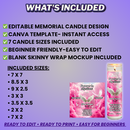 Pink Memorial Candle Template, Editable Canva Funeral Candle Design, 7 Pre-Sized Templates