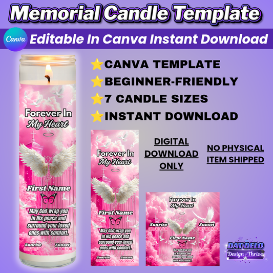 Pink Memorial Candle Template, Editable Canva Funeral Candle Design, 7 Pre-Sized Templates