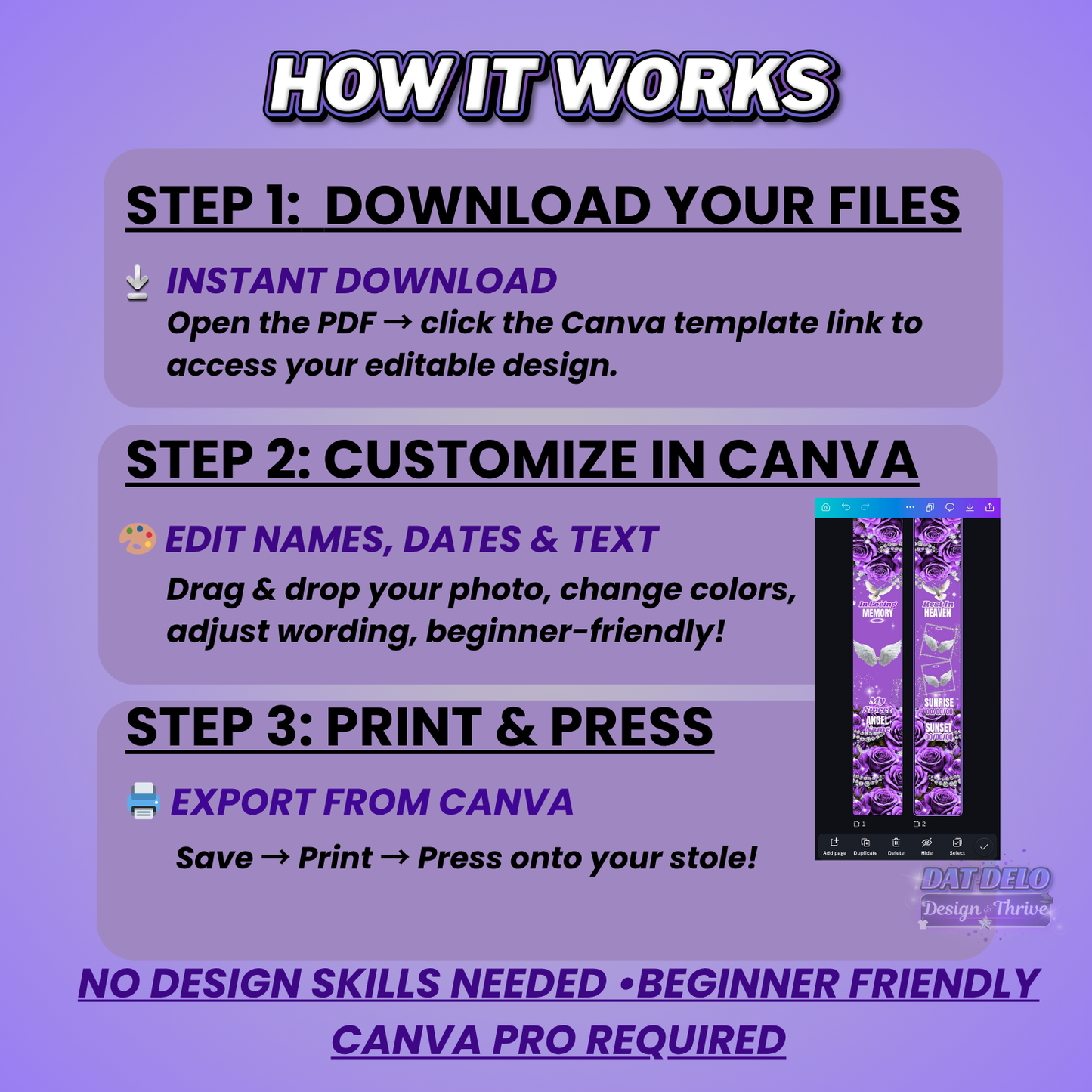 Purple Rose Memorial Stole Design Editable Template (Includes Supply List)