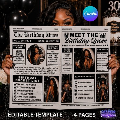 Birthday Newspaper Design Editable Canva Pro Templates, 2 Pre-Sized Templates, 4 Pages Included
