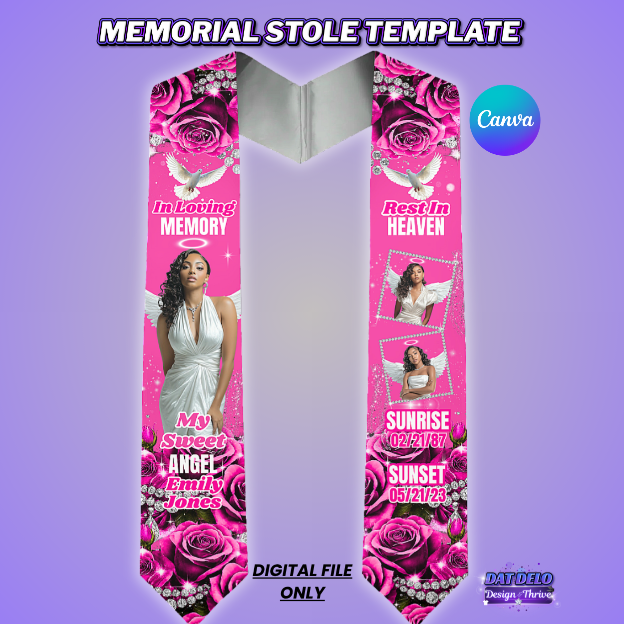 Pink Rose Memorial Stole Design Editable Template (Includes Supply List)