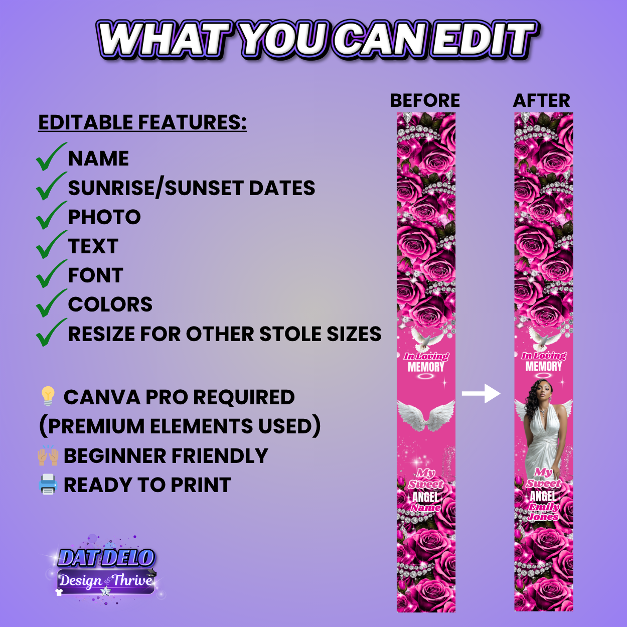 Pink Rose Memorial Stole Design Editable Template (Includes Supply List)