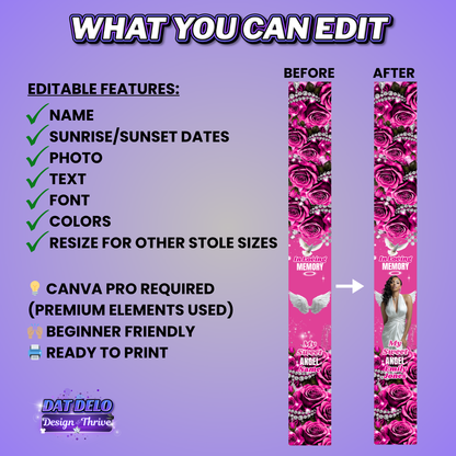 Pink Rose Memorial Stole Design Editable Template (Includes Supply List)