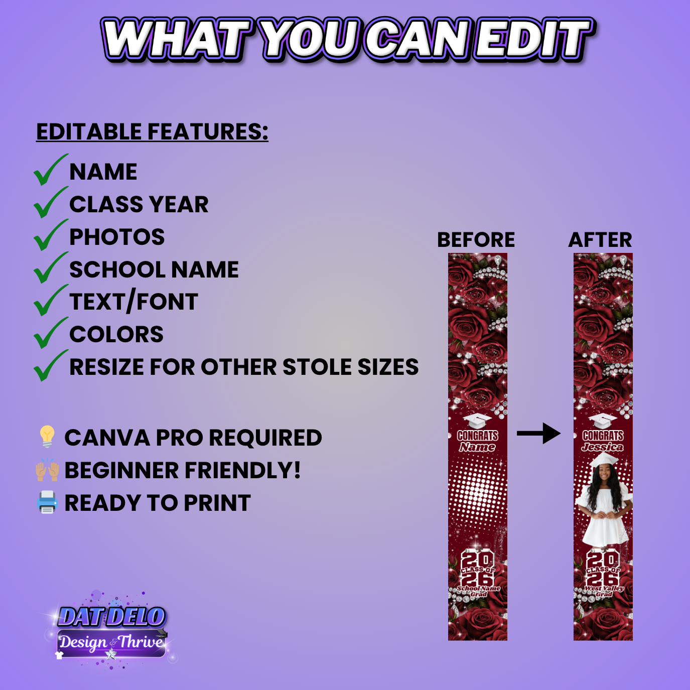 Kids 50 Inch Floral Grad Stole Design Editable Template (Includes Supply List)