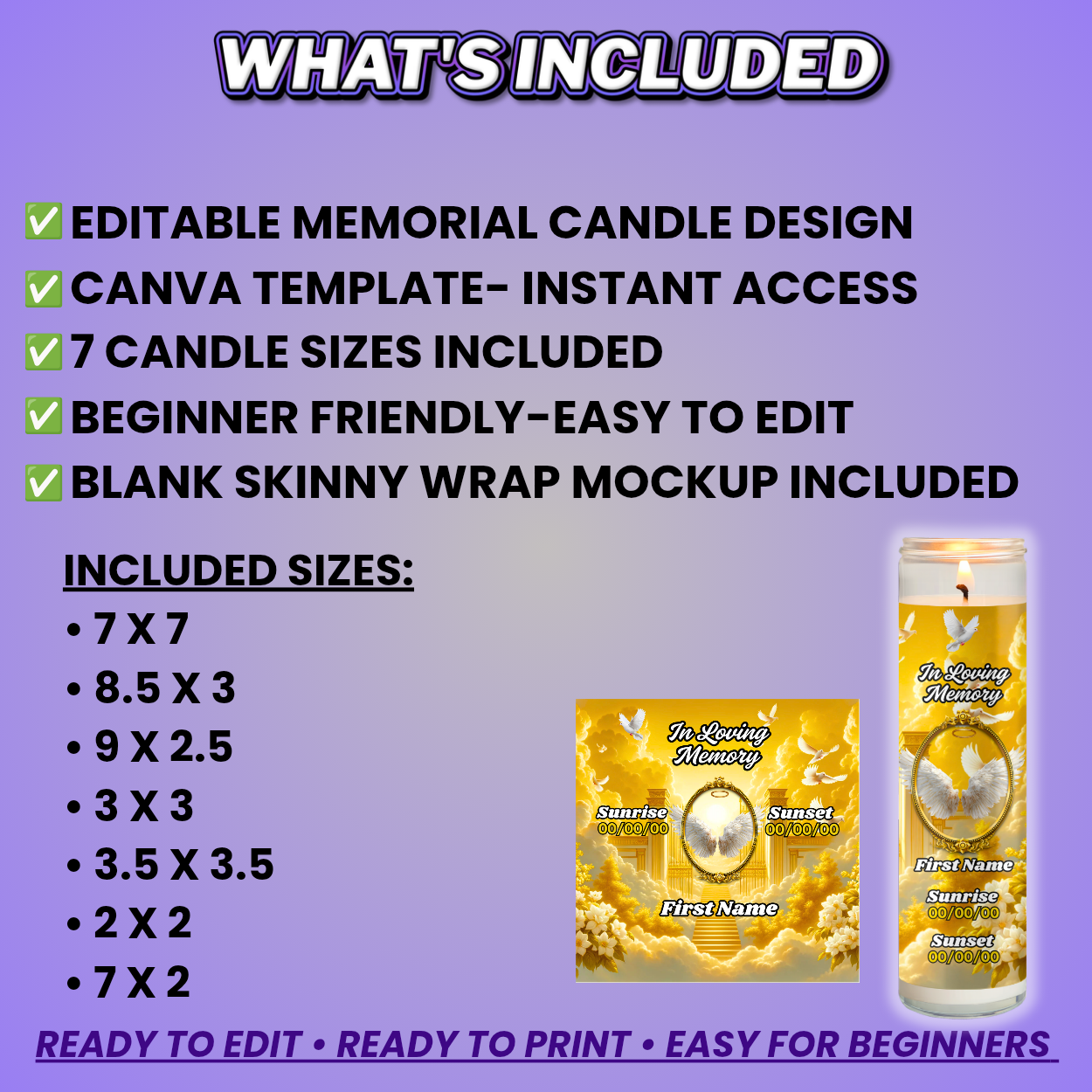Yellow Memorial Candle Template, Editable Canva Funeral Candle Design, 7 Pre-Sized Templates